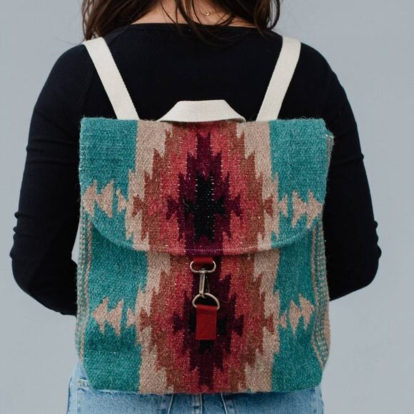 Cotton Wool Woven Teal Burgundy Tan Western Southwestern Aztec Backpack main image 6